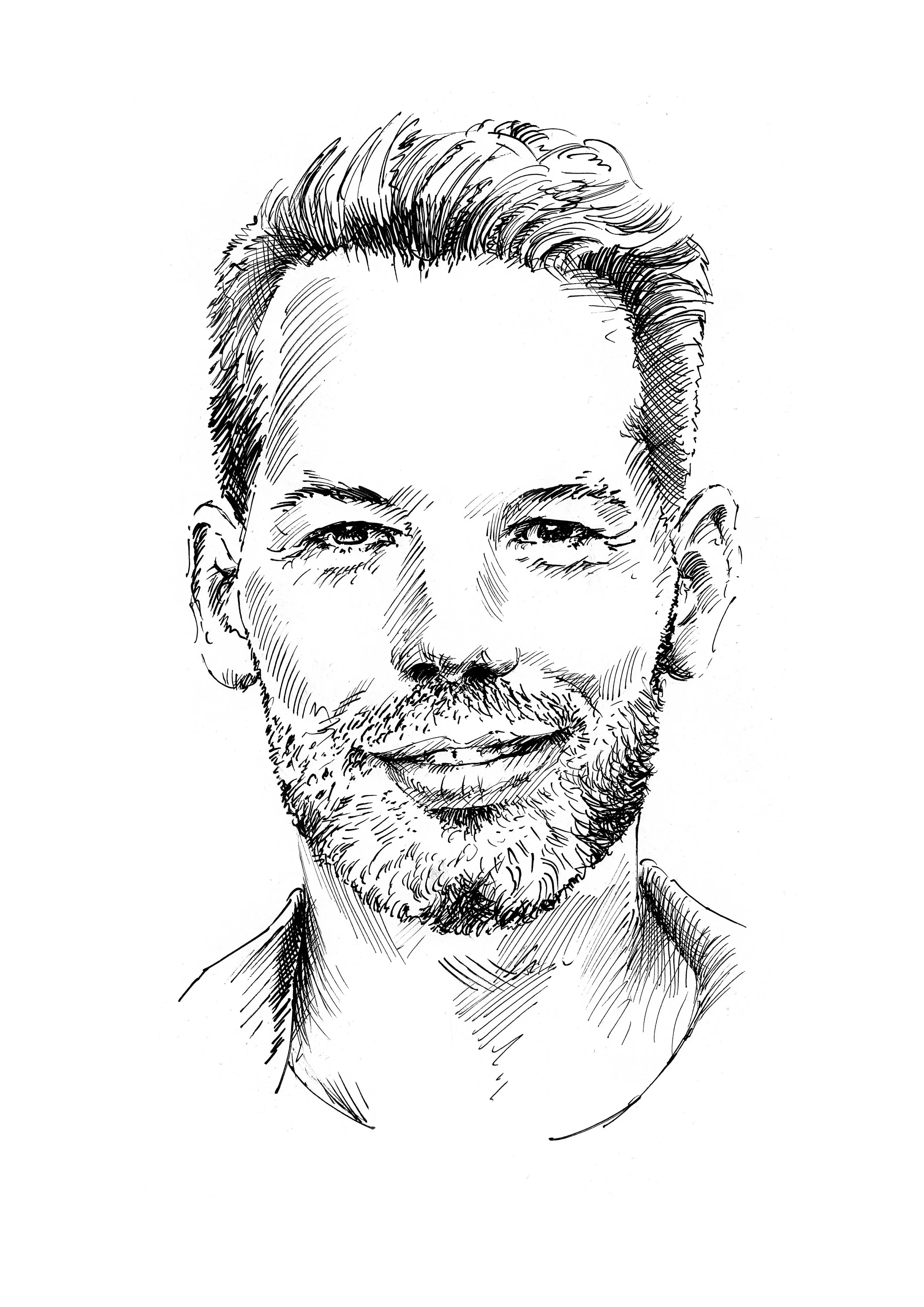 Illustration of a male face as a black-and-white line drawing.